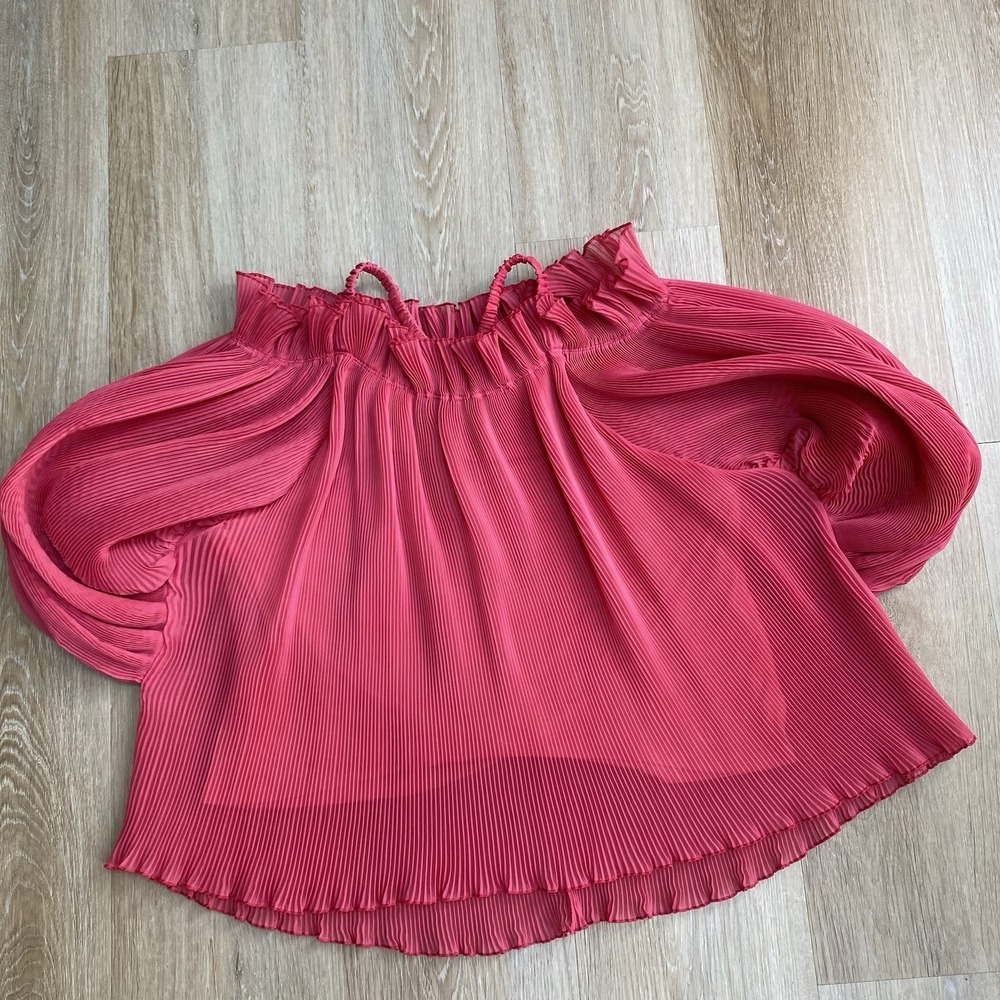 SNIDEL Pink Pleated Gathered Frill Off the Shoulder Puff Sleeve Top SWFB222076